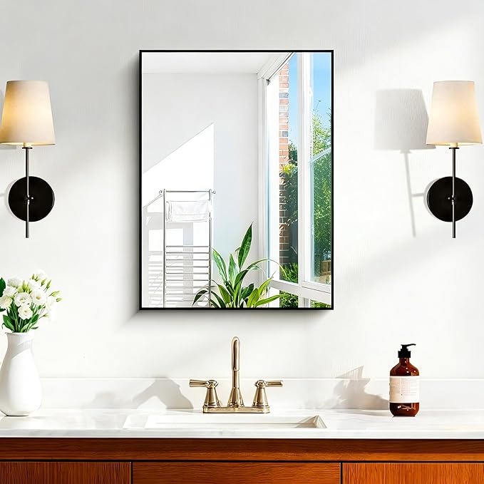 KOCUUY Black Bathroom Mirror, 24x18 Inch Rectangle Mirror for Over Sink, Modern Decorative Wall Mirror for Bedroom Living Room Bathroom, Hang Horizontal/Vertical
