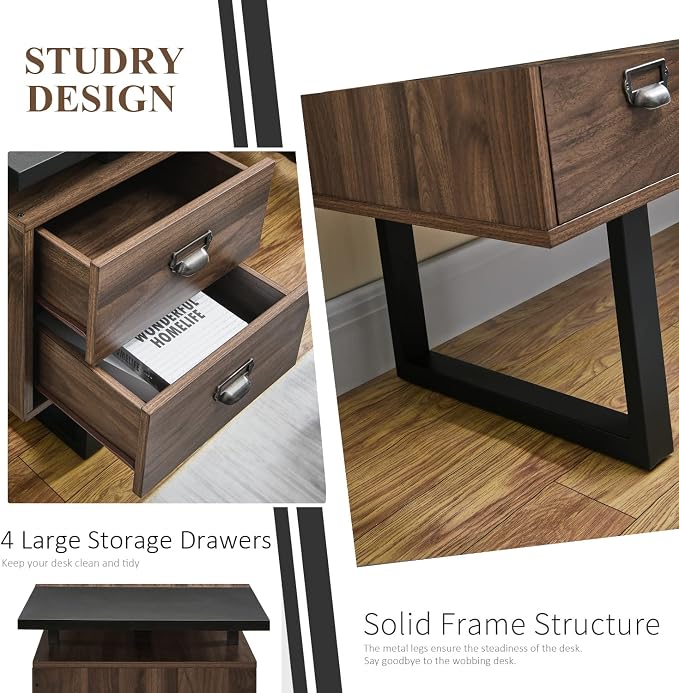 Computer Desk with Drawers 59" L Contemporary Home Office Laptop Desk with Floating Desktop and 4 Storage Drawers Vintage Study Gaming Table with Metal Frame Black & Walnut CTSZ20401WACM