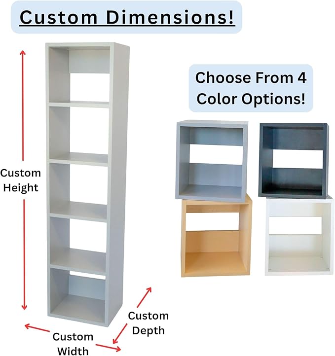 Custom Sized 5-Cube Cubby; Choose color, width, depth, and height. Units are 3/4 inch thick premium grade melamine for strong, solid unit. Easy assembly. Place on the floor or mount on a wall.