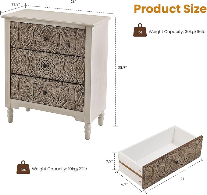 HOMPUS White 3 Drawer Dresser, Farmhouse Nightstand with 3 Drawers, Wood Night Stand with Lotus Carved Pattern, Vintage Nightstand with Storage, Small Chest of Drawers for Bedroom, Living Room, White