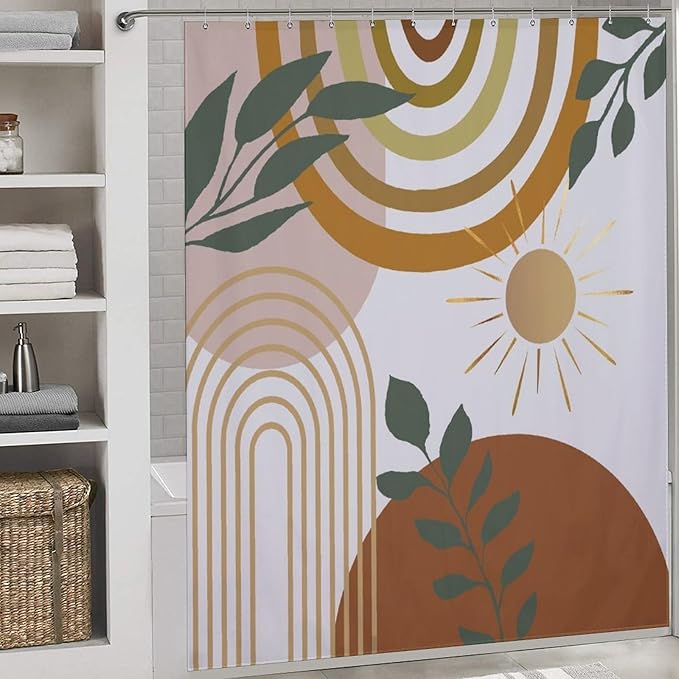 Mid Century Shower Curtain,Boho Modern Abstract Minimalist Gold Sun Bathroom Curtain Polyester Waterproof Fabric Decor 72x72in（183x183cm）