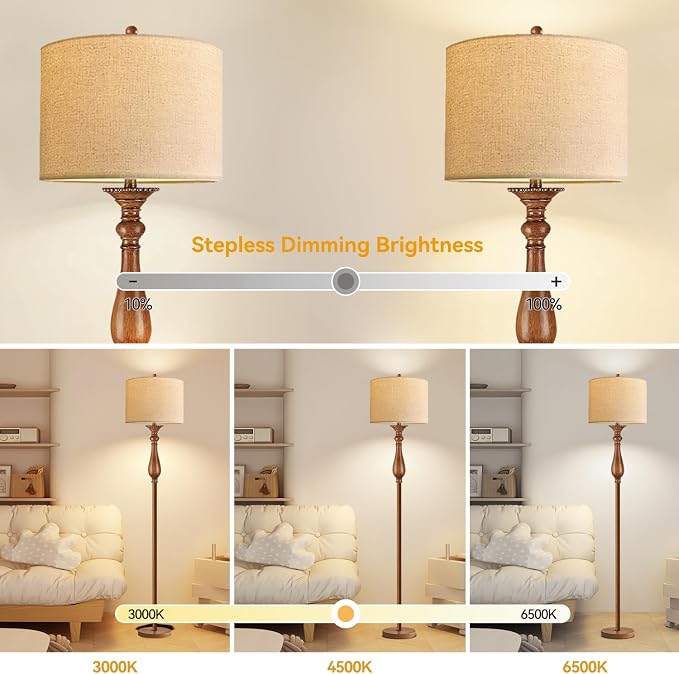 Wood Floor Lamps for Living Room Boho Farmhouse Floor Lamp with Remote Control & 3 Color Temperature,Dimmable Vintage Floor Lamp Mid Century Modern Standing Lamp Pole Tall Floor Lamp Bedroom Corner