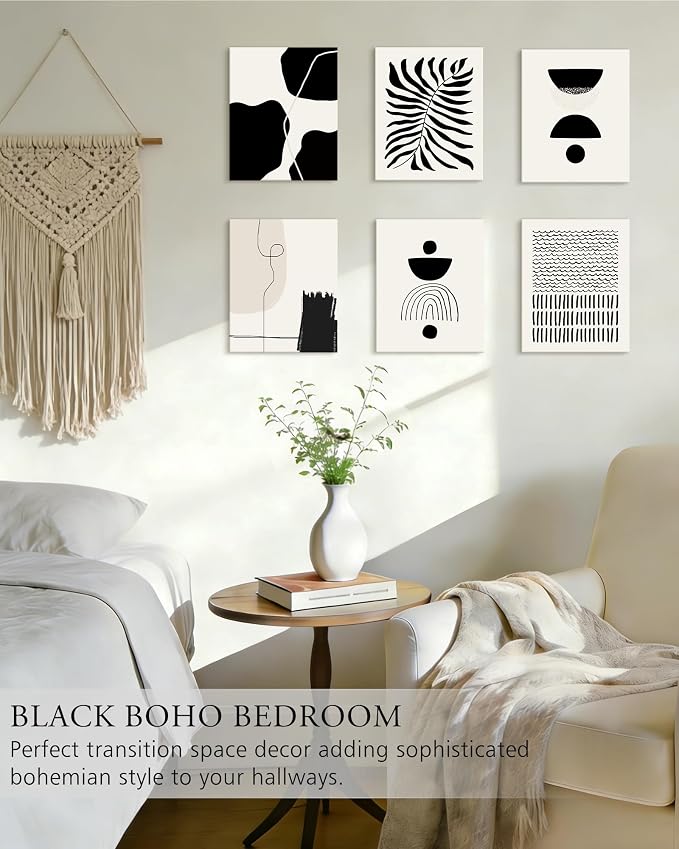 KUVIOKE Black Abstract Framed Wall Art Boho Room Decor Set of 6 Minimalist Geometric Line Art Bohemian Mid Century Modern Prints for Bedroom Living Room 8x10in (Framed)
