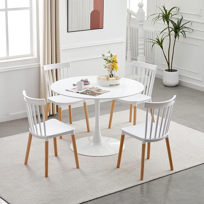 42 Inch Modern Round White Dining Table for 4-6 Person,Mid-Century White Tulip Table Kitchen Dining Table with MDF Table Top and Pedestal Base for Home Kitchen