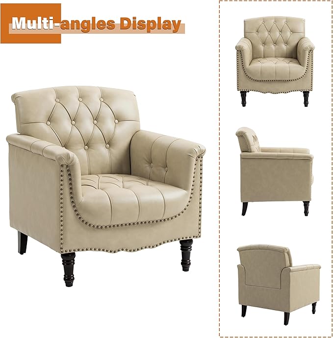 Faux Leather Club Chairs Set of 2, Retro Upholstered Armchair Accent Chair with Solid Wood Legs & Nailhead Trim for Living Room/Reading Room, Beige