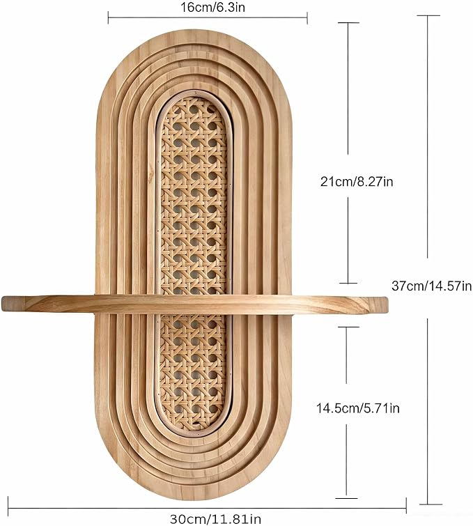 1pc Mid-Century Modern Wall Shelf - Arched Wood & Woven PE Rattan Boho Decorative Floating Shelf, Vintage Aesthetic Decor for Living Room, Bedroom, Kitchen & Home Office (Natural)