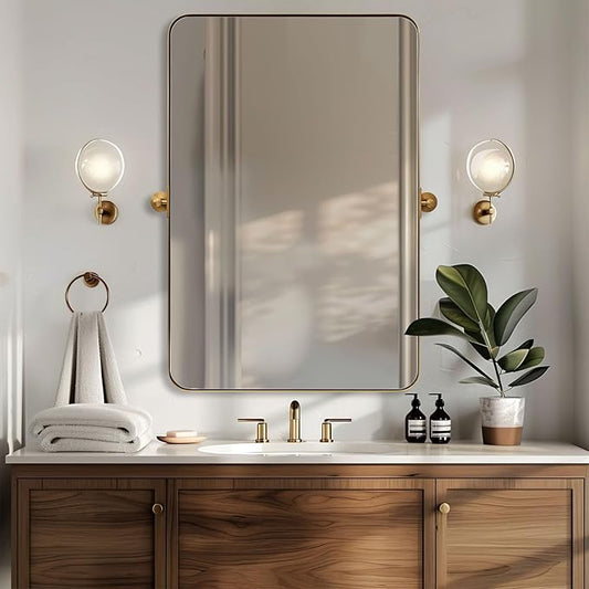 MOON MIRROR Brushed Gold Pivot Mirror, Brass Tilt Vanity Rectangle Pivot for Bathroom, Overall 24.33 x 28 inches(Mirror 20 x 28 inches)
