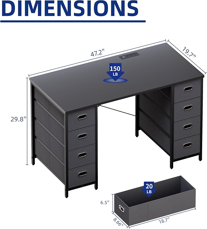 Pamray 47 Inch Computer Desk with 8 Fabric Drawers PC Gaming Desk Home Office Study Work Writing Table for Bedroom Black