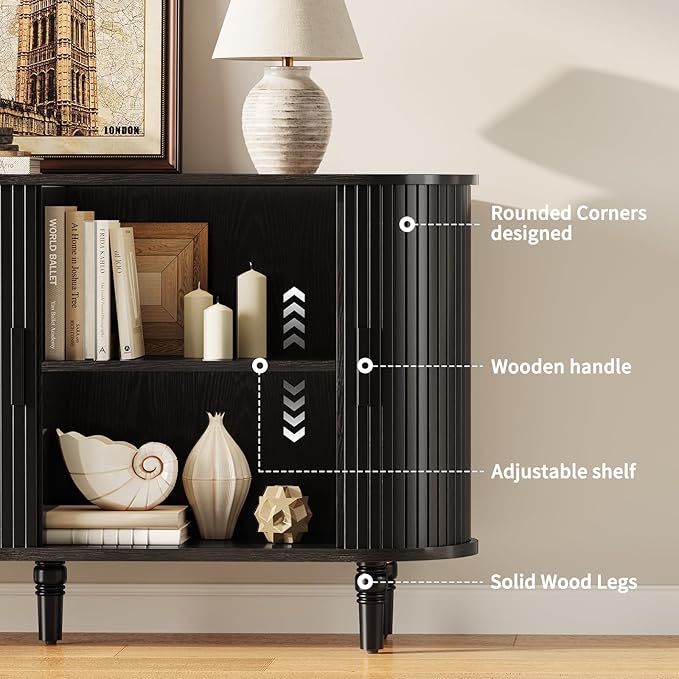 Sideboard Buffet Cabinet with Storage - Accent Kitchen Credenza Console Table with Sliding Door & Adjustable Shelf, Fluted Coffee Bar Sideboards for Living Room, Dining Room, Entryway, Black