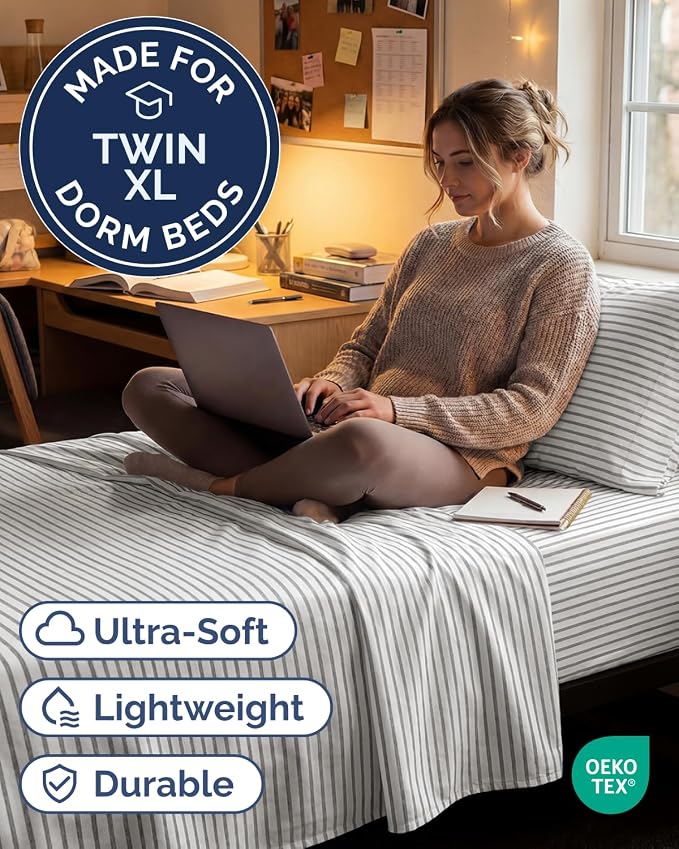 Twin XL Size 3 Piece Sheet Set - Comfy Breathable & Cooling Sheets - Hotel Luxury Bed Sheets for Women & Men - Deep Pockets, Easy-Fit, Soft & Wrinkle Free Sheets - Grey Stripes Oeko-Tex Bed Sheet Set