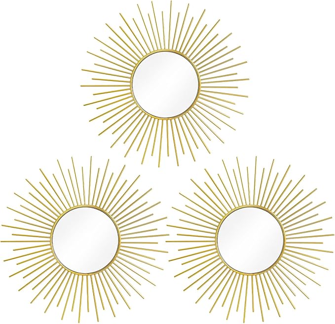3 Pack Metal Mirrors for Wall Sunburst Wall Mirrors Home Décor Decorative Hanging Wall Art for Living Room Bedroom Entryway (Gold2, Sunburst)