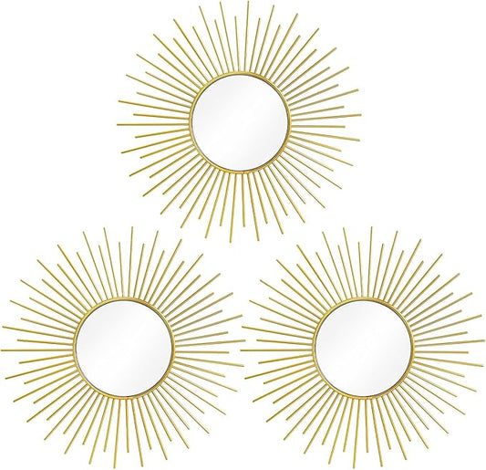 3 Pack Metal Mirrors for Wall Sunburst Wall Mirrors Home Décor Decorative Hanging Wall Art for Living Room Bedroom Entryway (Gold2, Sunburst)
