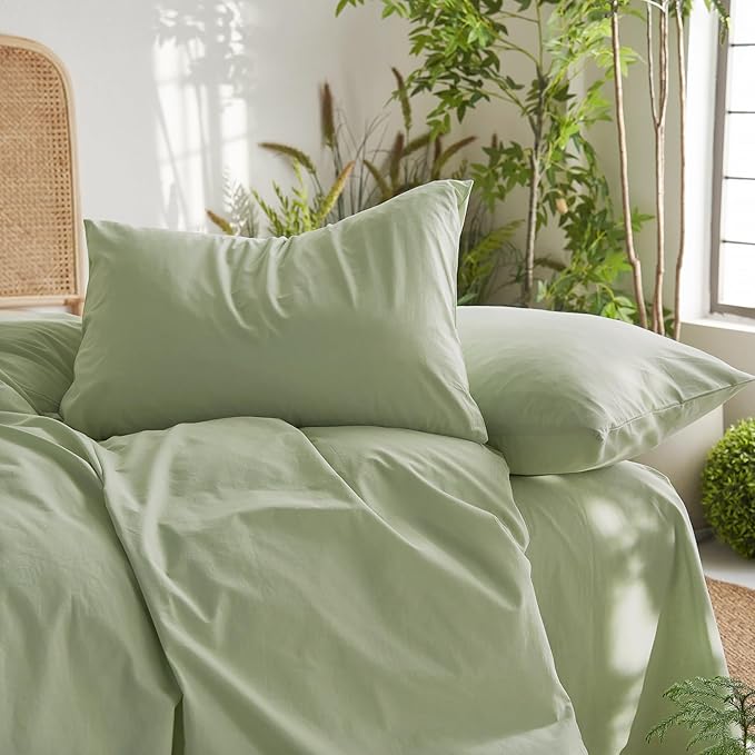 Wake In Cloud - Cotton Duvet Cover Set, 100% Washed Cotton, Linen Like Textured, Breathable Durable Comfy Farmhouse Neutral Bedding Set, 3 Pieces, Sage Green, King Size