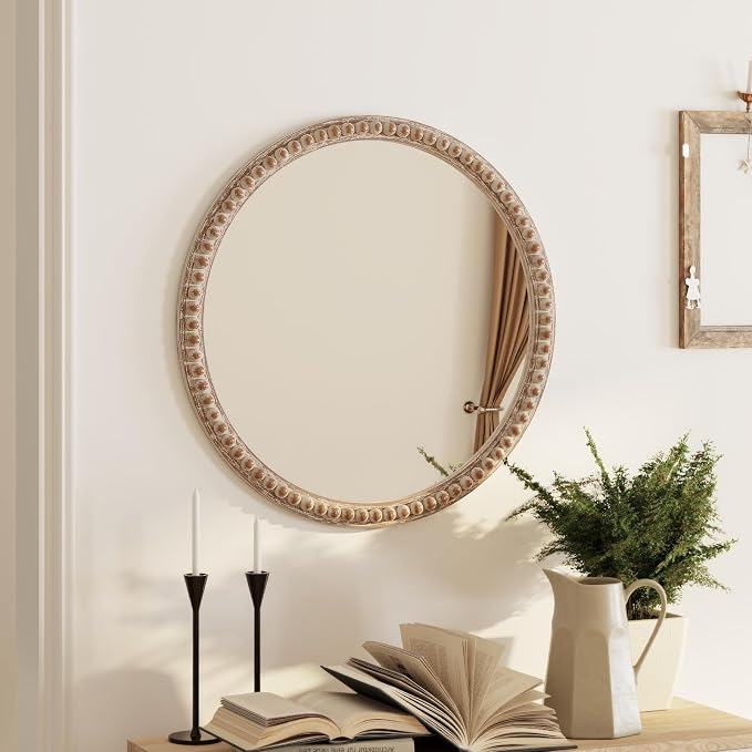 COZAYH Distressed Wood Frame Accent Mirror, Rustic Farmhouse Style Decorative Wall Mirror (Round)