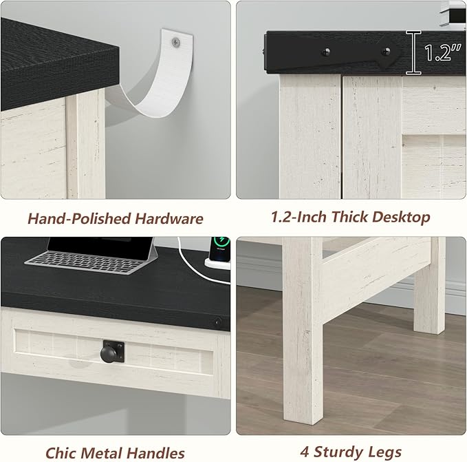 YOMILUVE Farmhouse Computer Desk with 2 Drawers, 39 Inch Small Office Computer Desk with Power Outlets, Compact Writing Study Vanity Desk for Small Spaces, Black and White