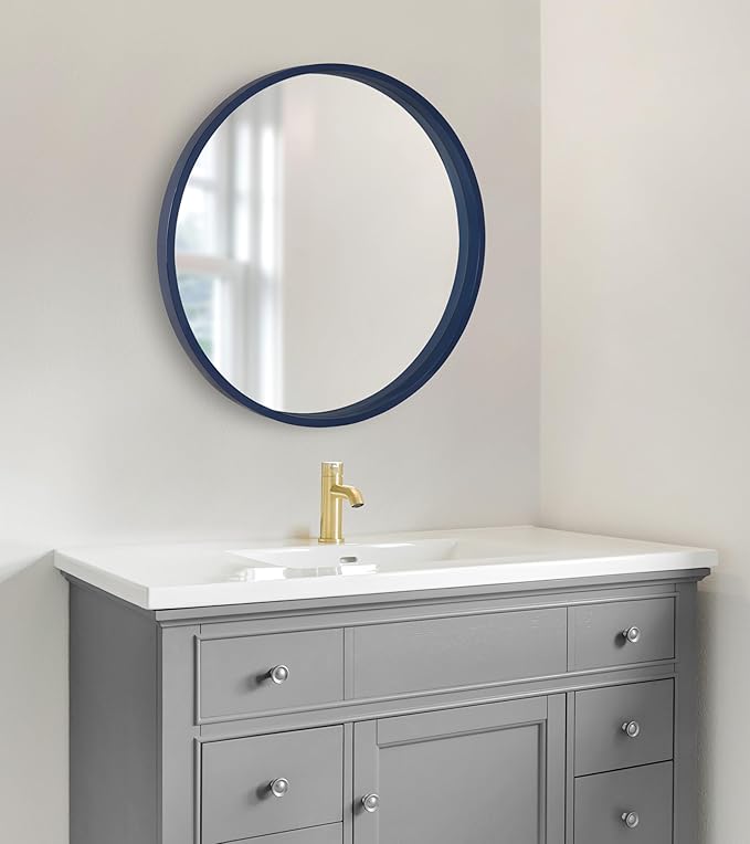 Kate and Laurel Travis Round Wood Wall Mirror, 25.6" Diameter, Navy Blue, Modern Wall Décor Accent