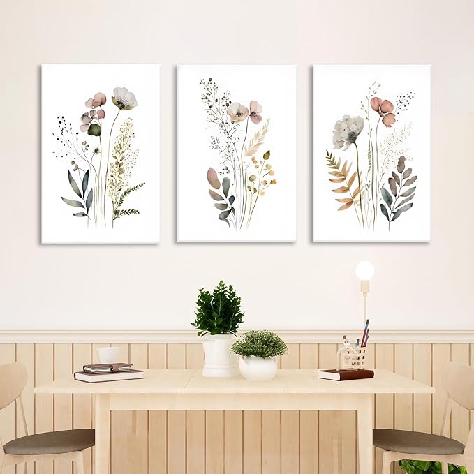 3Pcs Framed 12x16in Boho Flower Wall Art Wildflower Watercolor Canvas Minimalist Colorful Botanical Floral Painting Picture Wall Decor Posters Modern Print Artwork for Living Room Bedroom