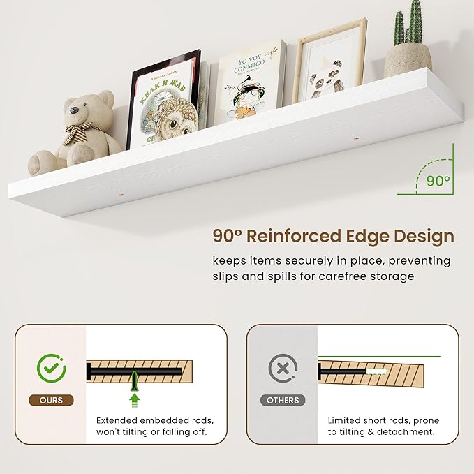 55in Floating Shelves for Wall, 55"W x 9.25"D x 1.5"H, Long Wall Mounted Engineered Wood Shelves with Invisible Brackets for Living Room, Bedroom, Bathroom, Kitchen Decor and Storage, White