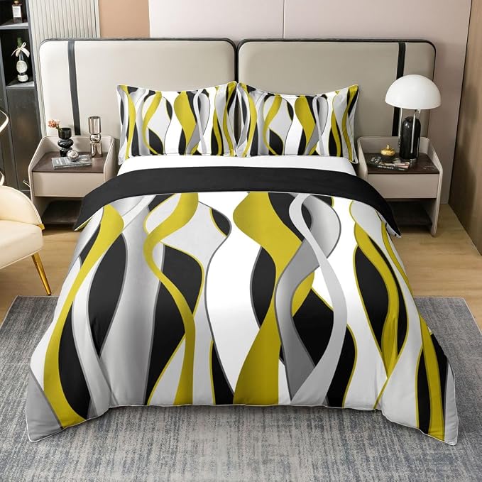 Erosebridal Grey Black Yellow 100% Cotton Duvet Cover King Geometric Striped Abstract Bedding Set for Kids Teens Adults Abstract Wave Stripes Comforter Cover Contemporary Minimalist Bed Set 3 Pcs