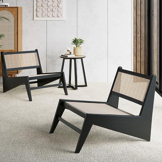 homary Japandi Rattan and Wood Lounge Chairs Mid Century Modern Armless Accent Chair for Living Room Bedroom Balcony & Patio (Black)