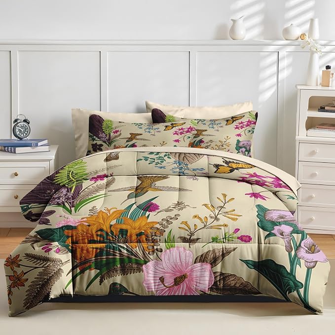 Nesker 7 Pcs Comforter Set Queen Size, Cute Botanical Birds Bedding Set for Kids and Adults, Vintage Flower Plant Sheets Bed Sheet Sets with Fitted Sheet 2 Pillowcases & 2 Shams