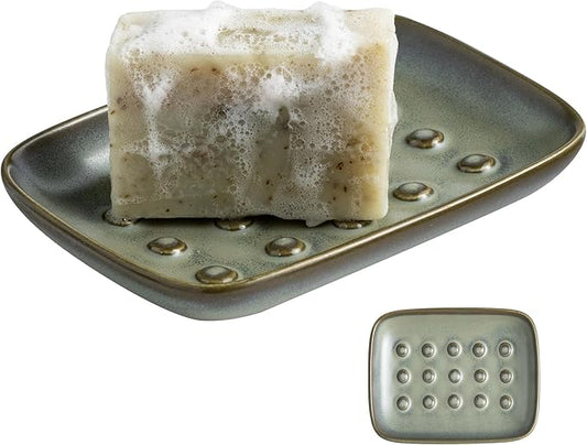 Ceramic Soap Dish for Shower, Non-Slip Bar Soap Saver Tray Bar for Bathroom Kitchen Sink Bathtub, Easy to Clean, Raised Pattern - Keep Soap Dry, Dark Green