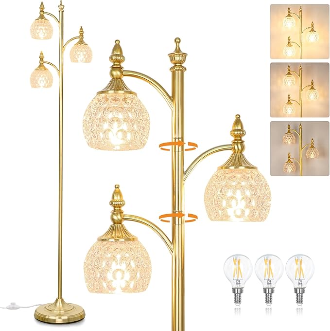 Gold Flower Floor Lamp, Dimmable Tree Floor Lamps for Living Room Brass Tall Standing Lamp with 3 Brightness Lights Glass Shades 66.5'' Modern Corner Lamp for Bedroom Office(3LED Bulbs Included)