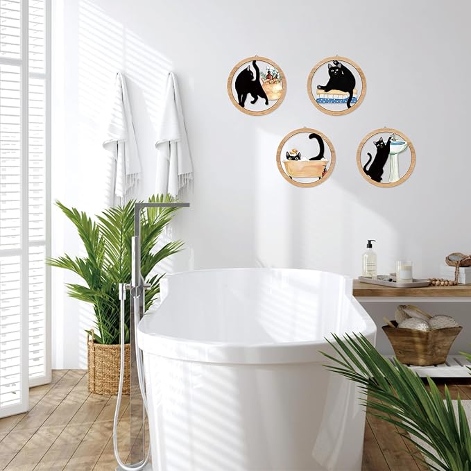 HPNIUB Funny Bathrooms Wall Decor, Black Cats In the Bath Wood Sign, 4 Pieces 10''x10'' Farmhouse Wooden Hanging Sign for Toilet Powder Room Restroom Wall Decoration, Lovely Cat Gifts