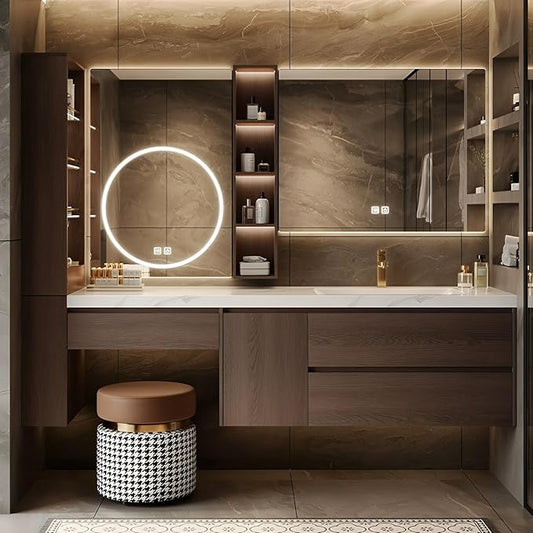 Floating Bathroom Vanity with Makeup Table, Single Sink Bathroom Vanity Includes LED Smart Defog Mirror with Open Shelf and Side Storage Cabinet, Wall-Mount Vanities with Drawers (Walnut B,56")