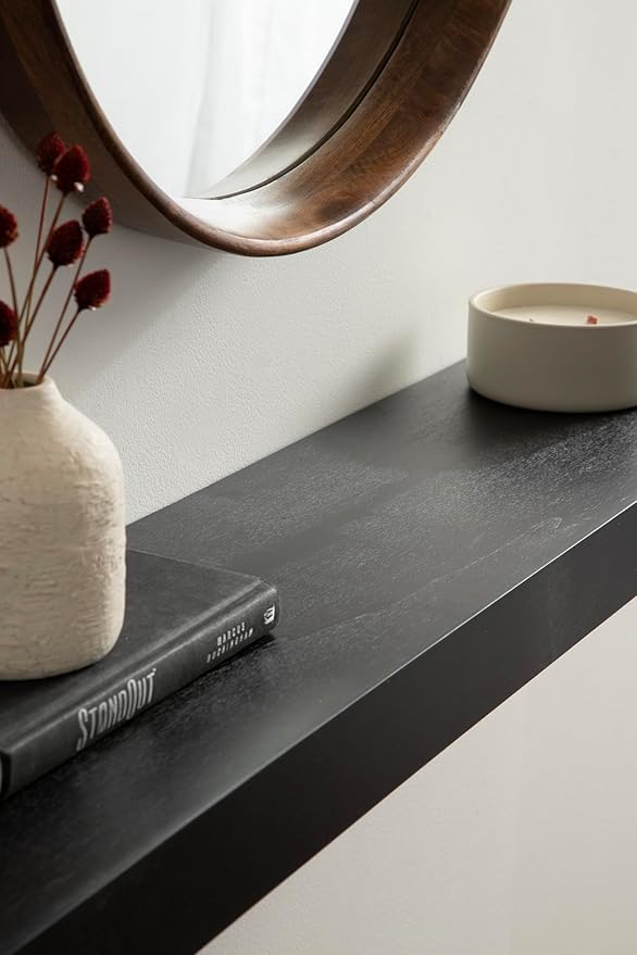 Kate and Laurel Havlock Modern Natural Floating Shelf; 36 x 8; Black; Functional Bathroom and Kitchen Shelf for Storage and Display of Picture Frames or Plants