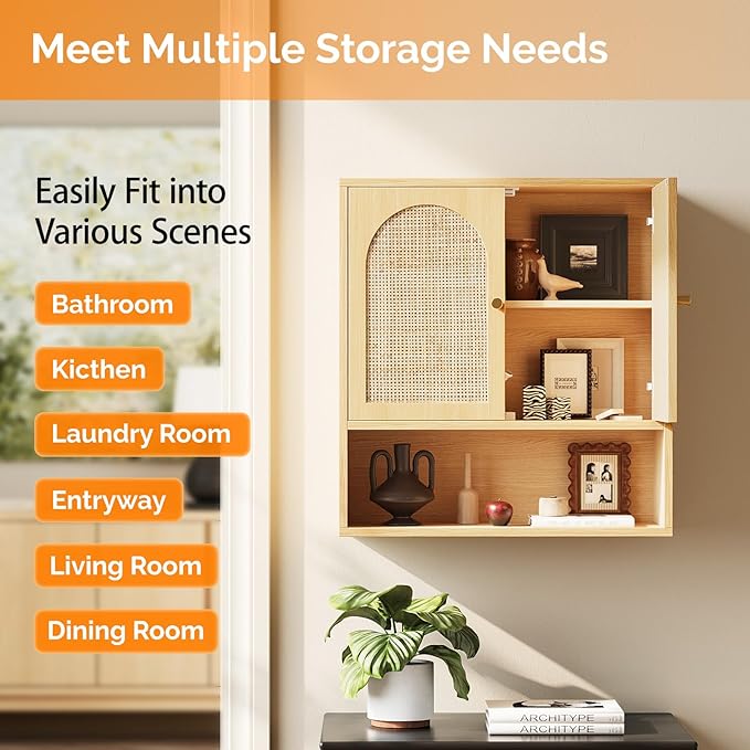 VINGLI Rattan Bathroom Wall Cabinet, Boho Medicine Cabinet with 2 Handwoven Rattan Doors & Adjustable Shelf, Wood Hanging Storage Cabinet with Open Shelf for Kitchen, Laundry, Entryway, Oak Finish
