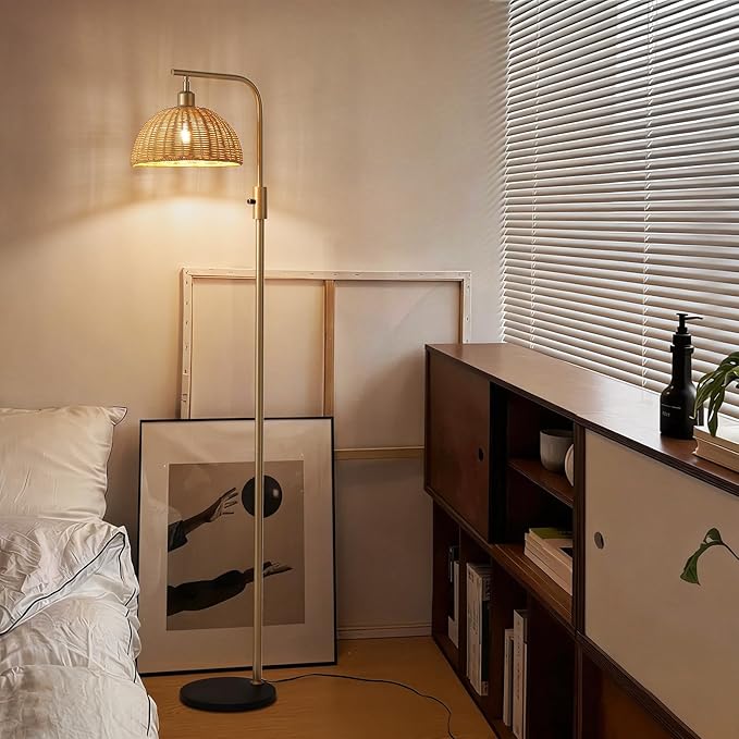Boho Floor Lamp for Living Room: Rattan Floor Lamp for Bedroom - Gold Standing Lamp with Dimmable Tall Lamp,No Bulb