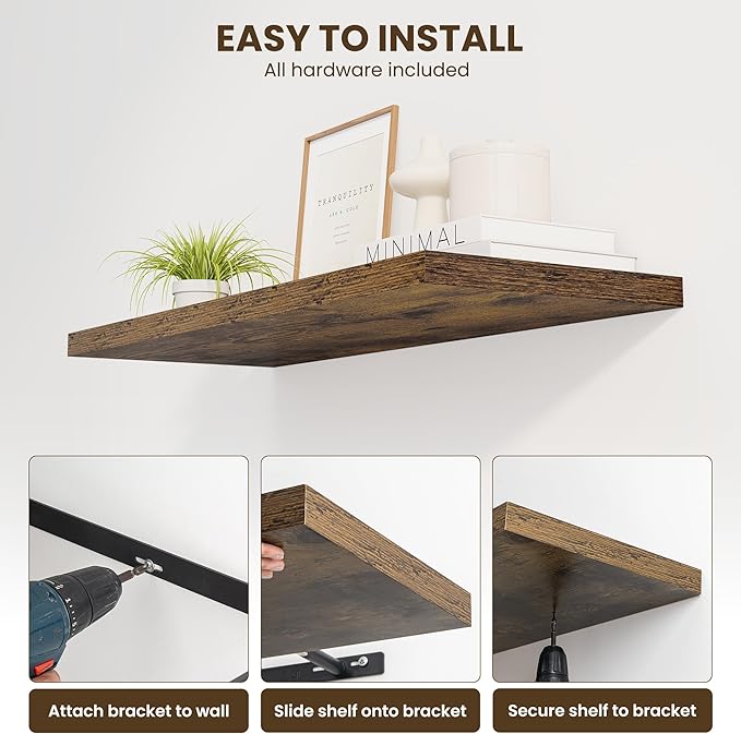 Dreamland 24" Floating Shelves for Wall, 12" Deep Slim Rustic Brown Floating Shelves, Wall-Mounted Shelves for Bedroom, Living Room, Kitchen, Bathroom - Set of 2