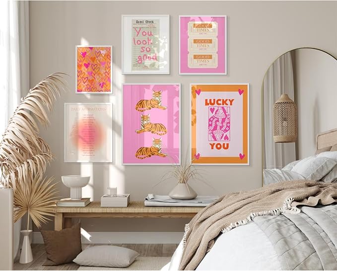 Preppy Wall Art Pink Orange Wall Decor Trendy Canvas Wall Art Aesthetic Pictures Girl Posters Inspirational Daily Affirmation Prints Lucky You Artwork Set of 6 for Dorm Room 8x10 Inch Unframed