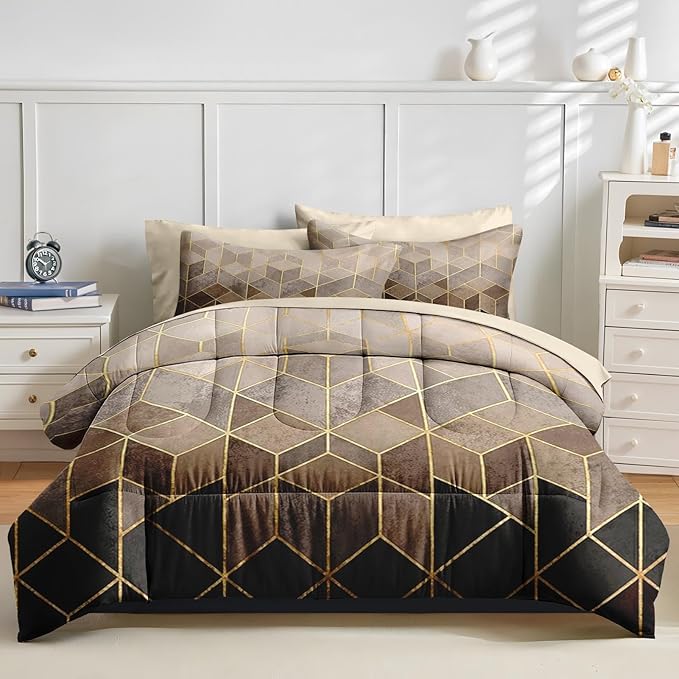 Nesker Comforter Set Full Size, Black Golden Gradient Cubic 7 Pcs Bedding for Kids and Adults, Brown Modern Geometric Bed Sheet Sets with Fitted Sheet 2 Pillowcases & 2 Shams
