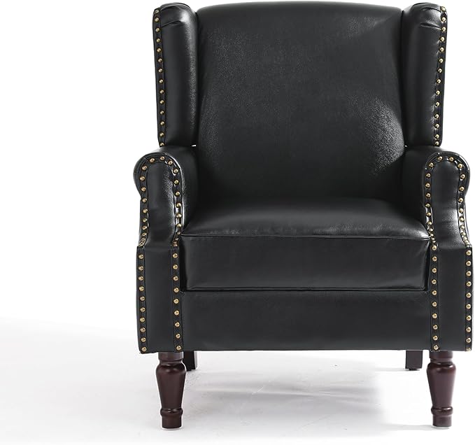 Faux Leather High Back Accent Chairs Set of 2, Upholstered Armchair for Living Room, Retro Wingback Arm Chair Nailhead Trim Single Sofa Bedroom Reading Seat with Solid Wood Legs - Black