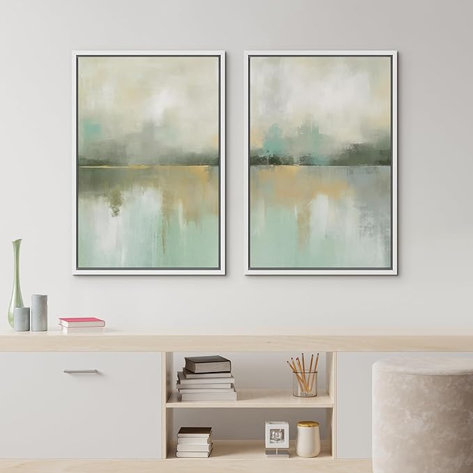 IDEA4WALL Framed Canvas Print Wall Art Set Golden Mist Lake Abstract Water Landscape Illustrations Modern Art Decorative Coastal Cottage Seascape for Bedroom - 16"x24"x2 White
