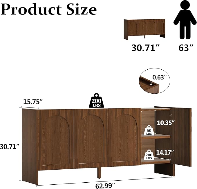 63" Sideboard Buffet Cabinet with Storage, 4 Door Solid Wood Veneer Sideboard Modern Arched Accent Cabinet with Adjustable Shelves, Large Credenza for Living Room,Kitchen,Entryway(Walnut)