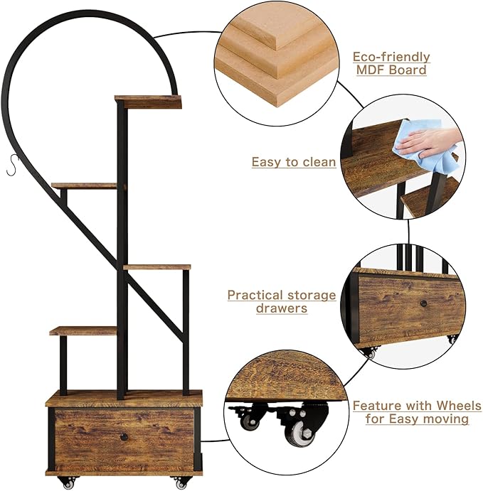 5-Tiered Tall Plant Stand Indoor, Heart-shaped Metal Plant Stand with Wheels and Hanging Hooks, Farmhouse Wood Plant Shelf Indoor for Living Room, Balcony, Garden, Rustic Brown (2 Pack)