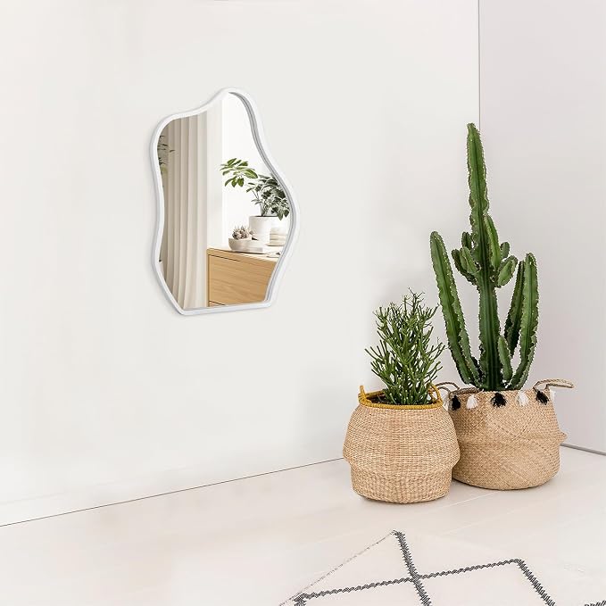 Wood Frame Hanging Mirror Asymmetrical Irregular Wall Mirror Unique Shape Modern Mirror Artistic Cloud Decorative Mirror for Living Room Bedroom Vanity Bathroom Entryway Hallway White