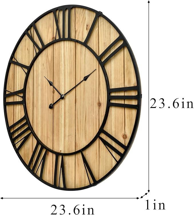 Large Farmhouse Wall Clock 24 Inch Vintage Brown Wooden Wall Clock with Quiet Ticking and Minimalist Roman Numerals for Bedroom Living Room Office Kitchen Home Decor, Battery Operated
