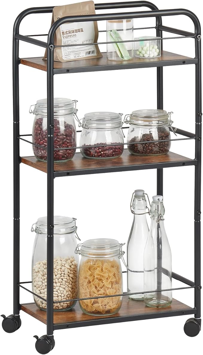 Small Bar Cart for Small Spaces, 3-Tier Slim Rolling Kitchen Cart on Wheels, Narrow Cart with Protective Fence, Industrial Mini Coffee Station for Home,Living Room,Bathroom, Rustic Brown