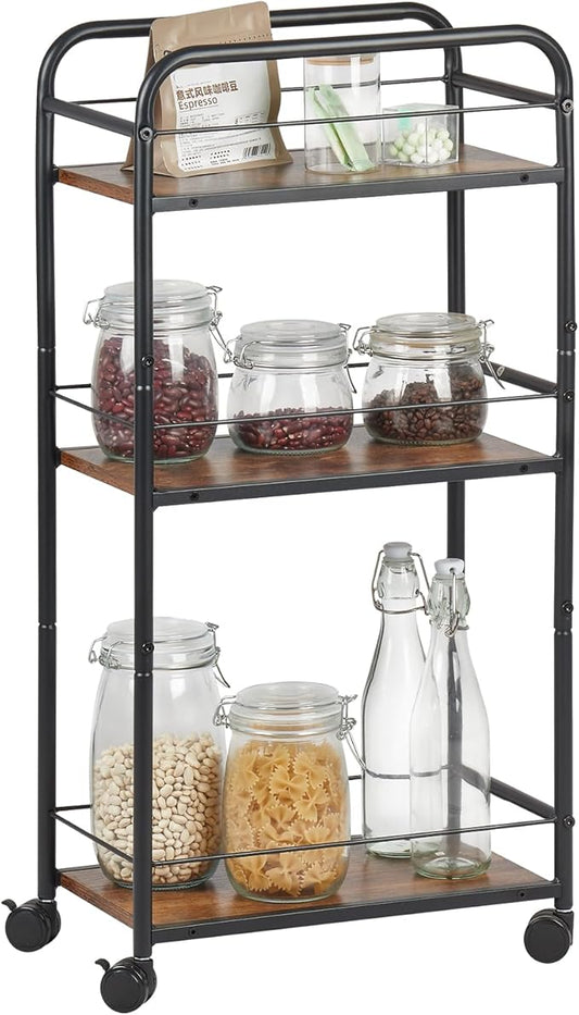 Small Bar Cart for Small Spaces, 3-Tier Slim Rolling Kitchen Cart on Wheels, Narrow Cart with Protective Fence, Industrial Mini Coffee Station for Home,Living Room,Bathroom, Rustic Brown