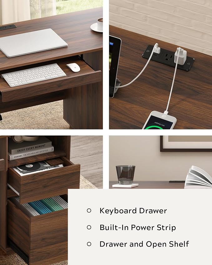 47" Executive Desk with File Drawer, Farmhouse Computer Desk with Charging Station and Open Storage Compartment Wooden Home Office Desk for Writing Study Working, Brown
