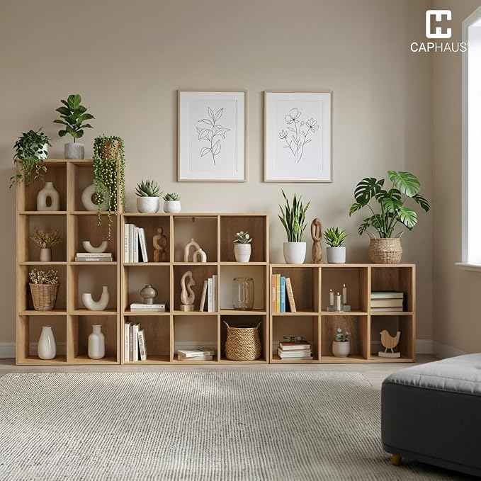 CAPHAUS Sturdy Room 11-Inch Cube Storage Organizer Shelf, with Thick Exterior Edge, Storage Shelf Divider w/Back, Bookcase, 6-Cube, Natural Oak