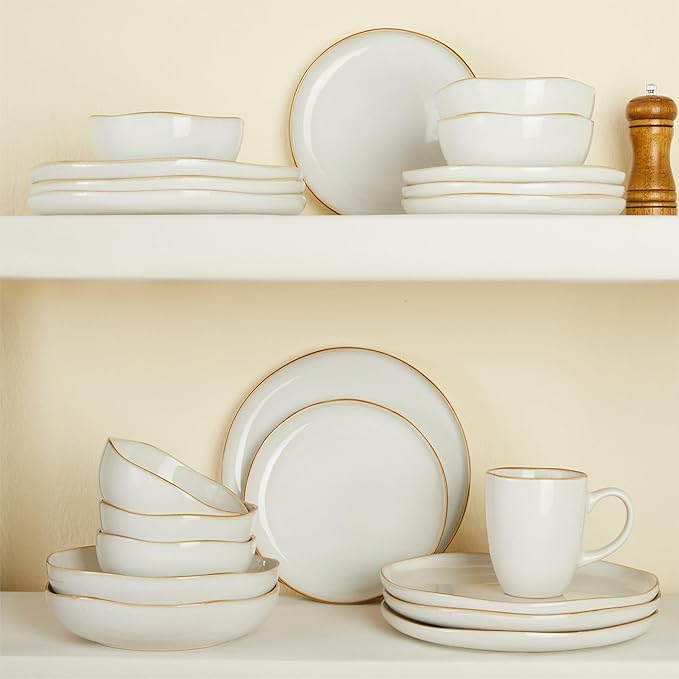 24 Piece White Ceramic Plates and Bowls Sets for 8, Reactive Glaze Stoneware with Coastal‑Line Look | Ideal for Holiday Entertaining, Thanksgiving, and Large Family Meals