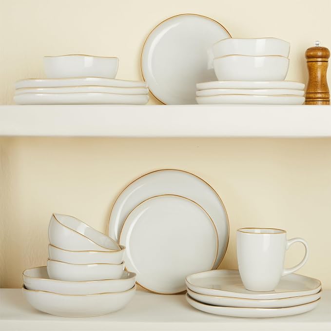 Pokini 32 Piece White Dinnerware Set with Pasta Bowls, Reactive Glaze Stoneware for 8 | Perfect for Multi‑Course Dinners, Hosting Large Groups, Holiday Serving Needs