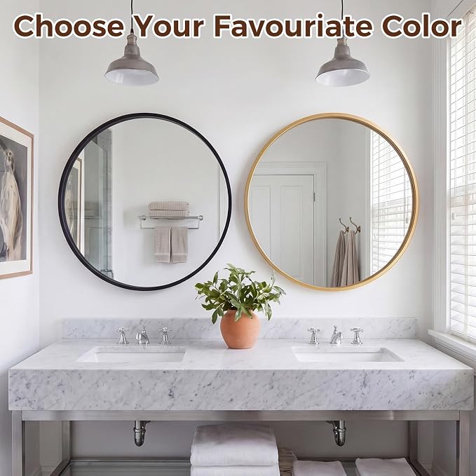 NEWBULIG 24 Inch Round Wall Mirror, Bathroom Mirrors for Over Sink, Matte Metal Framed Circle Vanity Mirror, Wall Decor for Bedroom, Anti-Rust, Tempered Glass, Hanging or Leaning, Classic Black