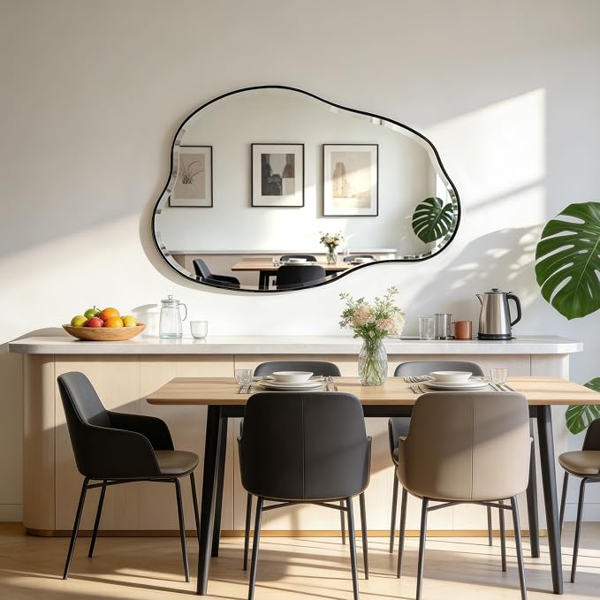 POZINO Irregular Beveled Mirror, 42"x28" Asymmetrical Vanity Wall Mirror with Metal Frame, Organic Shape Mirrors for Entryway Bathroom Living Room Bedroom Hallway, Horizontal or Vertical Hanging