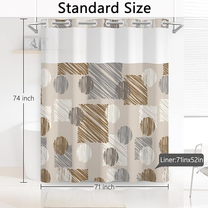 No Hook Shower Curtain with Snap in Liner - Neutral Brown Gray Waterproof Fabric Shower Curtains, Modern Abstract Bathroom Decor with See Through Mesh Top Window, 71x74 Inch